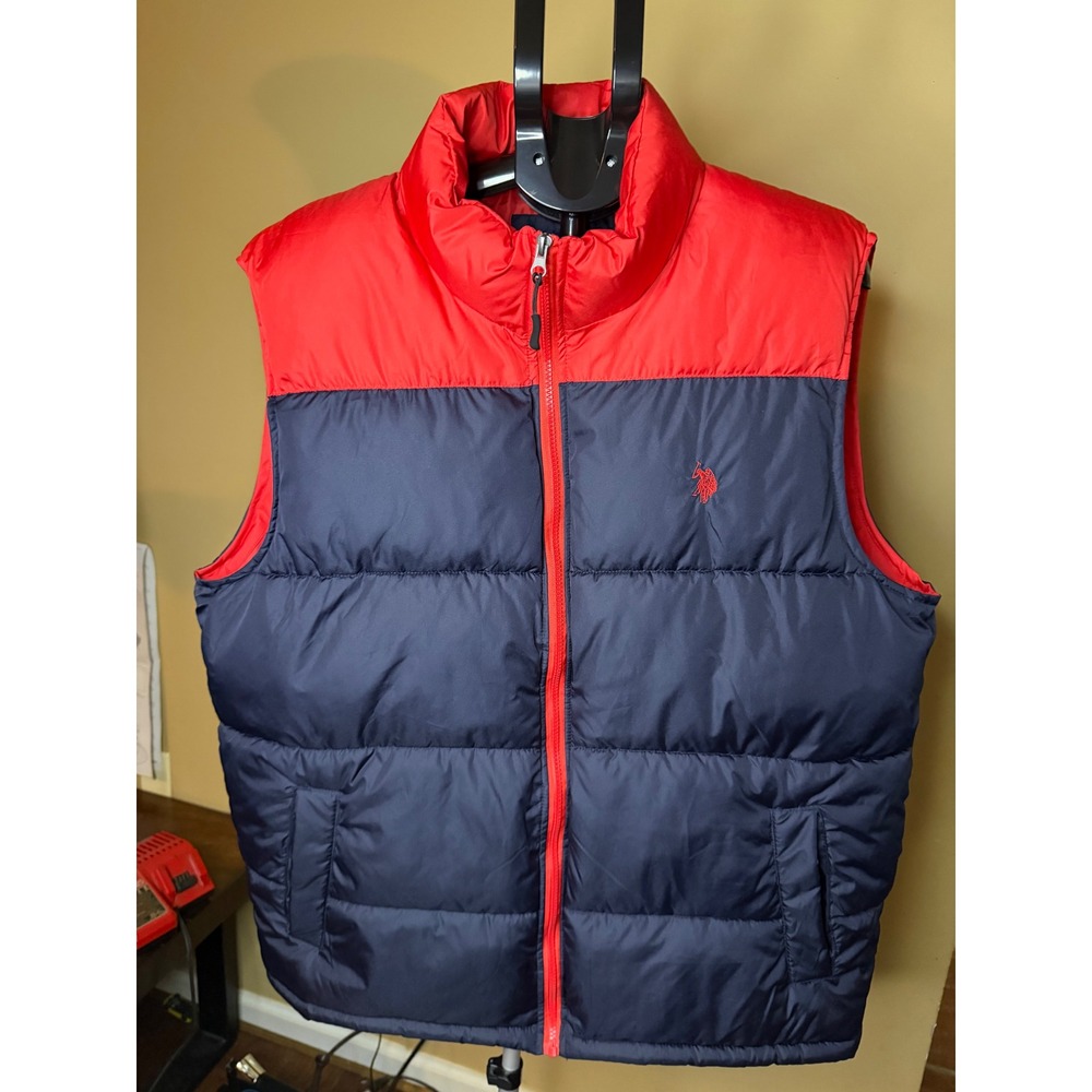 US Polo Assn Mens Puffer Vest Red Navy Blue Colorblock Full Zip XL Outerwear